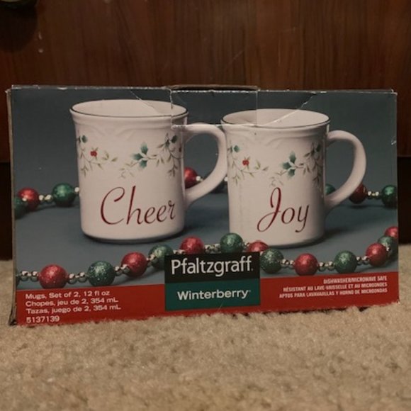 Pair of Pfaltzgraff WINTERBERRY Sentiment Mugs, Cheer and Joy, in Original Box - Picture 3 of 7